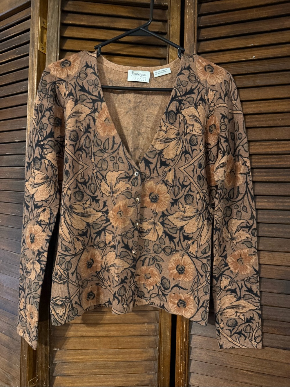 Neiman Marcus Brown Floral V-Neck Cardigan